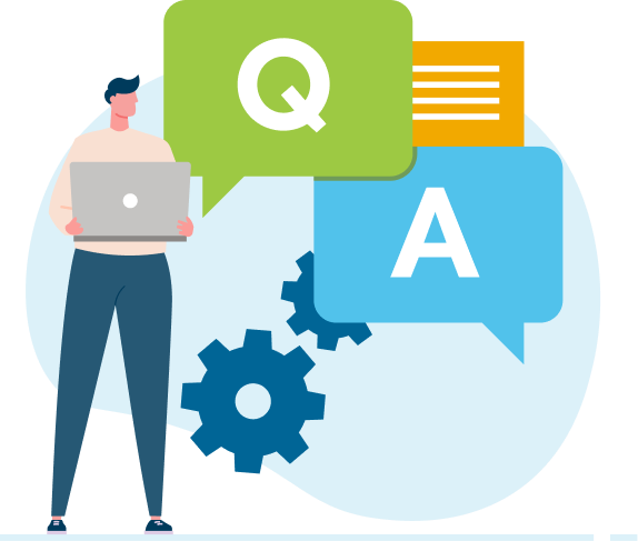 Abstract illustration of a person holding a laptop with a "Q" speech bubble pointing in their direction, an "A" speech bubble pointing the other direction, and a text block and gears in the background.