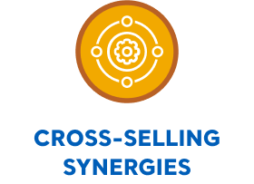 Gear with circular link icon, cross-selling synergies