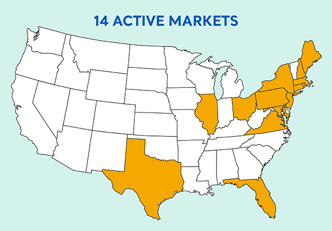 Map of the United States highlighting the 14 states with active markets